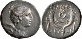 PHRYGIA. Philomelion. Late 2nd-1st century BC. AE (Bronze, 24 mm, 7.64 g, 1 h), Skythi..., magistrate. Draped and winged bust of Nike to right, palm o...