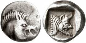 DYNASTS OF LYCIA. Uncertain dynast, circa 500-480 BC. Trihemiobol (Silver, 10 mm, 1.18 g, 6 h). Head of a boar to right. Rev. Forepart of a man-headed...