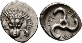 DYNASTS OF LYCIA. Perikles, circa 380-360 BC. 1/3 Stater (Silver, 17 mm, 2.89 g). Facing lion's scalp. Rev. &#66195;&#66177;&#66197;-&#66182;&#66187;-...