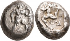 PAMPHYLIA. Aspendos. Circa 465-430 BC. Stater (Silver, 18 mm, 11.03 g, 1 h). Warrior advancing right, holding sword in his right hand and shield in hi...