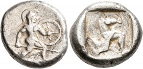 PAMPHYLIA. Aspendos. Circa 465-430 BC. Stater (Silver, 20 mm, 10.76 g). Hoplite advancing right, holding spear in his right hand and shield with his l...