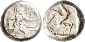PAMPHYLIA. Aspendos. Circa 465-430 BC. Stater (Silver, 18 mm, 10.73 g). Hoplite advancing right, holding spear in his right hand and shield with his l...