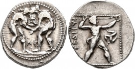 PAMPHYLIA. Aspendos. Circa 400-380 BC. Stater (Silver, 23 mm, 10.89 g, 12 h). Two nude wrestlers, standing and grappling with each other; between them...