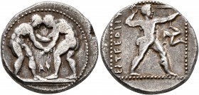 PAMPHYLIA. Aspendos. Circa 380/75-330/25 BC. Stater (Silver, 21 mm, 10.77 g, 12 h). Two nude wrestlers, standing and grappling with each other; betwee...