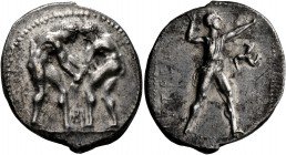 PAMPHYLIA. Aspendos. Circa 380/75-330/25 BC. Stater (Silver, 24 mm, 10.43 g, 12 h). Two nude wrestlers, standing and grappling with each other; betwee...