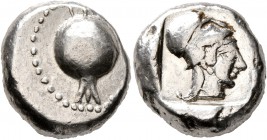 PAMPHYLIA. Side. Circa 460-430 BC. Stater (Silver, 18 mm, 10.95 g, 8 h). Pomegranate. Rev. Head of Athena to right, wearing crested Corinthian helmet;...