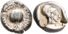 PAMPHYLIA. Side. Circa 460-430 BC. Stater (Silver, 20 mm, 10.67 g, 3 h). Pomegranate. Rev. Head of Athena to right, wearing crested Corinthian helmet;...