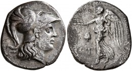 PAMPHYLIA. Side. Circa 205-100 BC. Drachm (Silver, 19 mm, 3.87 g, 12 h). Head of Athena to right, wearing crested Corinthian helmet. Rev. Nike advanci...
