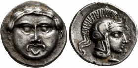 PISIDIA. Selge. Circa 350-300 BC. Obol (Silver, 11 mm, 0.96 g, 10 h). Facing gorgoneion with protruding tongue. Rev. Head of Athena to right, wearing ...