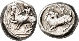 CILICIA. Kelenderis. Circa 430-420 BC. Stater (Silver, 19 mm, 10.78 g, 9 h). Youthful nude rider seated sideways on horse prancing to left, preparing ...