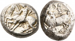 CILICIA. Kelenderis. Circa 430-420 BC. Stater (Silver, 19 mm, 10.84 g, 9 h). Youthful nude rider seated sideways on horse prancing to left, preparing ...