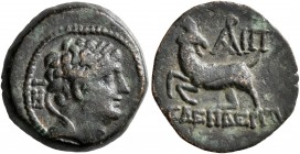 CILICIA. Kelenderis. 2nd-1st century BC. AE (Bronze, 16 mm, 2.84 g, 1 h). Diademed male head to right; behind, monogram. Rev. KEΛENΔEPITΩN Goat runnin...
