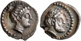CILICIA. Nagidos. 4th century BC. Obol (Silver, 10 mm, 0.76 g, 11 h). Head of Aphrodite to right. Rev. ΝΑΓΙ Laureate and bearded head of Dionysos to r...