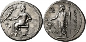 CILICIA. Nagidos. Circa 360-333 BC. Stater (Silver, 24 mm, 9.95 g, 10 h), Poly... and Xo... (?), magistrates. Aphrodite seated left, holding phiale; t...