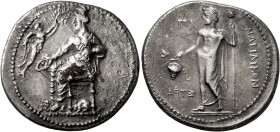 CILICIA. Nagidos. Circa 360-333 BC. Stater (Silver, 25 mm, 9.91 g, 11 h), Pa... and Stra..., magistrates. Aphrodite seated left, holding phiale; to le...