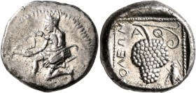 CILICIA. Soloi. Circa 440-410 BC. Stater (Silver, 22 mm, 10.69 g, 6 h), Ath..., magistrate. Amazon, nude to the waist, kneeling left and stringing her...