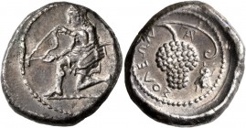 CILICIA. Soloi. Circa 410-375 BC. Stater (Silver, 22 mm, 10.61 g, 4 h). Amazon, nude to the waist and seen from behind, kneeling to left and stringing...