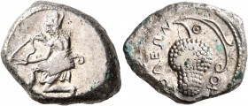 CILICIA. Soloi. Circa 410-375 BC. Stater (Silver, 23 mm, 10.66 g, 11 h). Amazon, nude to the waist and seen from behind, kneeling to left and stringin...