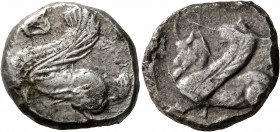 CILICIA. Uncertain. Late 5th to early 4th century BC. Stater (Silver, 22 mm, 10.59 g, 7 h). Griffin seated left. Rev. Man-headed bull, horned and with...
