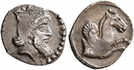 CILICIA. Uncertain. 4th century BC. Obol (Silver, 11 mm, 0.72 g, 7 h). Crowned and bearded head (of the Persian Great King?) to right. Rev. Forepart o...