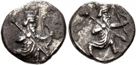 CILICIA. Uncertain. 4th century BC. Obol (Silver, 10 mm, 0.72 g, 1 h). The Persian Great King in kneeling-running stance right, holding spear in his r...