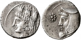 CILICIA. Uncertain. 4th century BC. Obol (Silver, 10 mm, 0.73 g, 7 h). Turreted female head to left. Rev. Male head to left, wearing kyrbasia; to left...