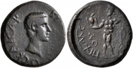 AEOLIS. Aegae. Britannicus, 41-55. Hemiassarion (Orichalcum, 16 mm, 3.39 g, 12 h), Chaleos, magistrate, circa 43-48. BP[ЄTANNIK]OC KAICAP Bare head of...