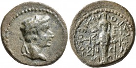 IONIA. Ephesus. Tiberius, 14-37. Hemiassarion (Bronze, 17 mm, 3.74 g, 1 h), Timarchos, magistrate, and Alexander, archiereus. Laureate head of Tiberiu...
