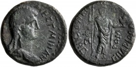 IONIA. Ephesus. Statilia Messalina, Augusta, 66-68. Assarion (Bronze, 19 mm, 6.52 g, 1 h), M. Acilius Aviola, proconsul, and Aichmokles, magistrate, 6...