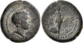 IONIA. Smyrna. Britannicus (?), 41-55. Hemiassarion (Bronze, 17 mm, 4.88 g, 1 h), Philistos and Eikadios, magistrates. ZMY Bare-headed and draped bust...