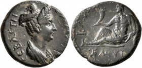 IONIA. Smyrna. Sabina, Augusta, 128-136/7. Hemiassarion (Bronze, 17 mm, 3.15 g, 12 h). CABЄINA CЄBACTH Draped bust of Sabina to right, wearing stephan...