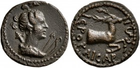 LYDIA. Hierocaesaraea. Pseudo-autonomous issue. Hemiassarion (Bronze, 16 mm, 2.52 g, 1 h), time of Trajan to Hadrian, 98-138. Draped bust of Artemis t...