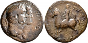 LYDIA. Mostene. Titus & Domitian, as Caesars, 69-79 and 69-81. Assarion (Bronze, 19 mm, 5.37 g, 1 h). [TITOC] ΔOMITIANOC Jugate laureate heads of Titu...