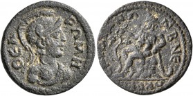 LYDIA. Sardis. Pseudo-autonomous issue. Hemiassarion (Bronze, 20 mm, 4.37 g, 6 h), time of the Severans, 193-235. ΘЄA PΩMH Draped bust of Roma to righ...