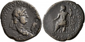 PHRYGIA. Acmoneia. Nero, 54-68. Hemiassarion (Orichalcum, 18 mm, 4.41 g, 11 h), Lucius Servenius Capito, archon for the third time, with his wife, Jul...