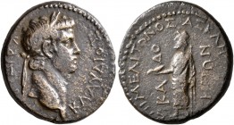 PHRYGIA. Cadi. Claudius, 41-54. Hemiassarion (Orichalcum, 18 mm, 4.05 g, 12 h), Meliton, son of Asklepiados, magistrate. KΛAYΔIOC KAICAP Laureate head...