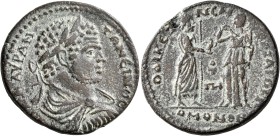 PHRYGIA. Laodicea ad Lycum. Caracalla, 198-217. Tetrassarion (Bronze, 32 mm, 17.48 g, 7 h), Homonoia with Smyrna, CY 88 = 215/6. AYT K M AYP ANTΩNЄINO...