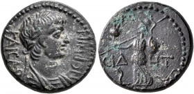 PAMPHYLIA. Side. Nero, 54-68. Hemiassarion (Bronze, 18 mm, 5.09 g, 7 h). NEPωN KAICAP Laureate head of Nero to right. Rev. CIΔHT Athena advancing left...