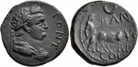 PISIDIA. Antiochia. Titus, as Caesar, 69-79. 'As' (Bronze, 21 mm, 7.27 g, 7 h), 76. [T CAES] IMP PONT Laureate and cuirassed bust of Titus to right, w...