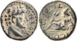 LYCAONIA. Iconium. Antoninus Pius, 138-161. AE (Bronze, 15 mm, 2.46 g, 12 h). ANTON AVG P Bare head of Antoninus Pius to right. Rev. COL - ICO River-g...