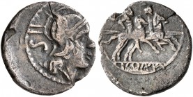 Anonymous, 214-212 BC. Sestertius (Silver, 12 mm, 1.00 g, 11 h), Luceria. Head of Roma to right, wearing Phrygian helmet; behind, IIS. Rev. ROMA The D...