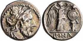 Anonymous, circa 211-208 BC. Victoriatus (Silver, 15 mm, 3.41 g, 7 h), uncertain mint in Sicily. Laureate head of Jupiter to right. Rev. ROMA Victory ...