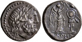 Anonymous, circa 211-208 BC. Victoriatus (Silver, 16 mm, 2.46 g, 3 h), uncertain mint in Sicily. Laureate head of Jupiter to right. Rev. ROMA Victory ...