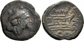 Anonymous, 209 BC. Sextans (Bronze, 20 mm, 3.91 g, 5 h), C. Aurunculeius (AVR) series, mint in Sardinia. Head of Mercury to right, wearing winged peta...