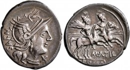 M. Atilius Saranus, 148 BC. Denarius (Silver, 20 mm, 3.67 g, 11 h), Rome. Head of Roma to right, wearing winged helmet; behind, SARAN; below chin, X. ...