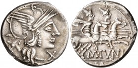 M. Junius Silanus, 145 BC. Denarius (Silver, 18 mm, 3.65 g, 9 h), Rome. Head of Roma to right, wearing winged helmet; behind, head of a donkey to left...