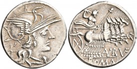 Aurelius Rufus, 144 BC. Denarius (Silver, 20 mm, 3.79 g, 9 h), Rome. Head of Roma to right, wearing winged helmet; behind X. Rev. AV RVF / ROMA Jupite...