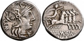 C. Aburius Geminus, 134 BC. Denarius (Silver, 18 mm, 3.92 g, 7 h), Rome. Head of Roma to right, wearing winged helmet; behind, GEM; before, star. Rev....