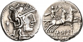 M. Opimius, 131 BC. Denarius (Silver, 17 mm, 3.82 g, 1 h), Rome. Head of Roma to right, wearing winged helmet; behind, tripod; below chin, star. Rev. ...