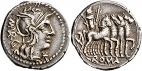 M. Vargunteius, 130 BC. Denarius (Silver, 20 mm, 3.94 g, 4 h), Rome. M•VAR G Head of Roma to right, wearing winged helmet; below chin, star. Rev. ROMA...